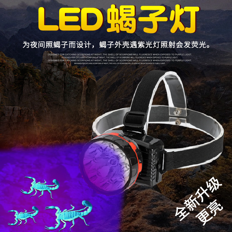 蝎子灯两用头灯超亮紫光头灯LED强光远射充电头戴式手电灯照豆虫