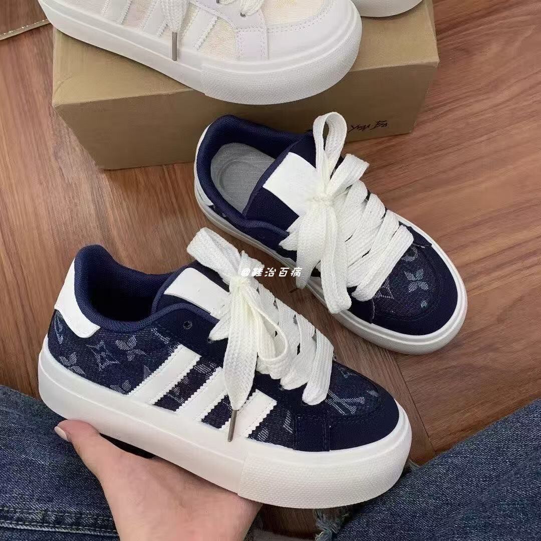 原创蓝白色两条杠印花滑板鞋女ins小众增高休闲鞋设计感运动鞋子