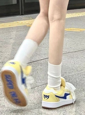 原创闪电蓝黄色字母底面包鞋女ins百搭厚底滑板鞋小众百搭休闲鞋