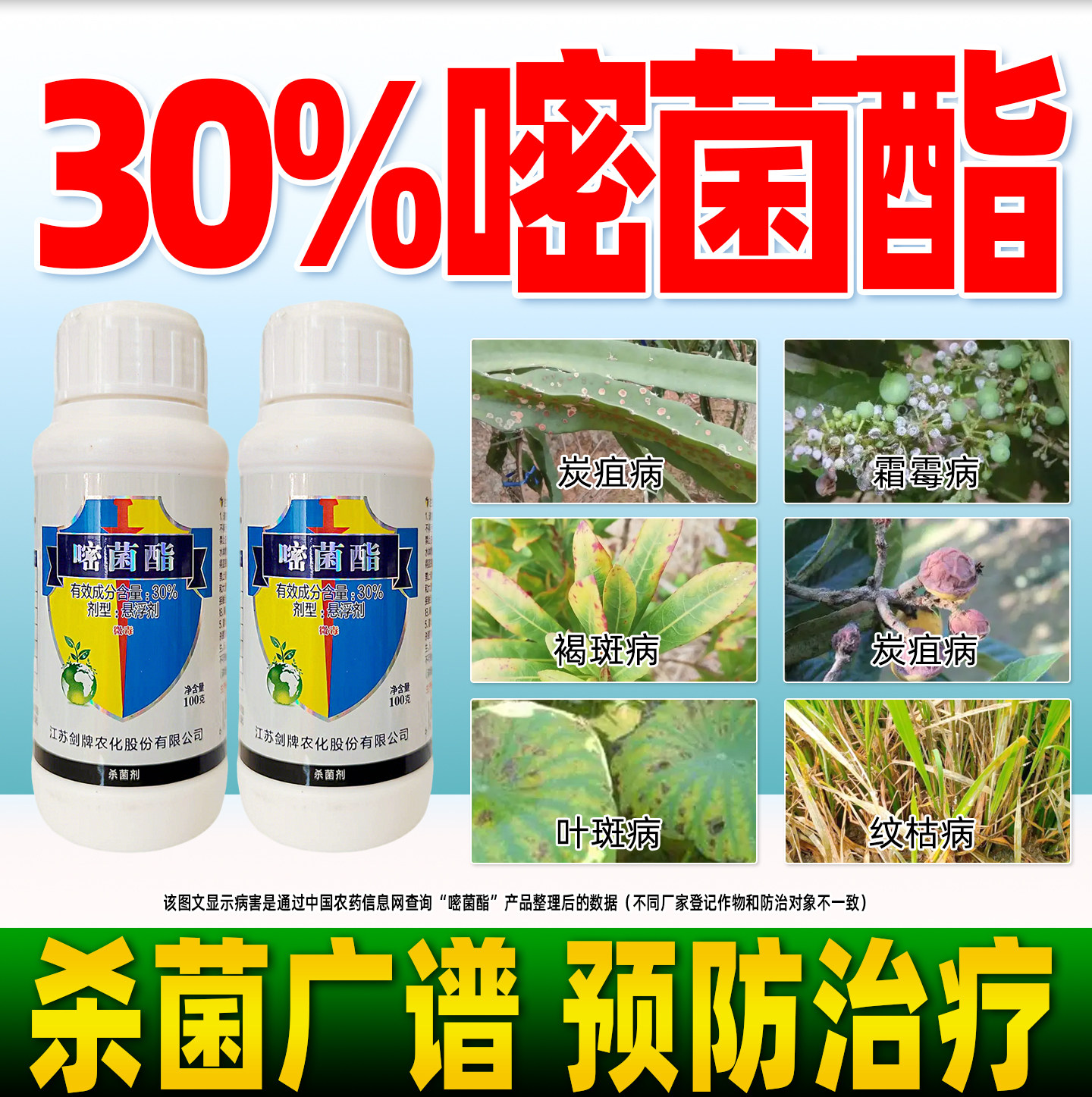 30%嘧菌酯杀菌剂杨梅枇杷树水稻芋头褐斑病炭疽病疫病叶斑病剑优