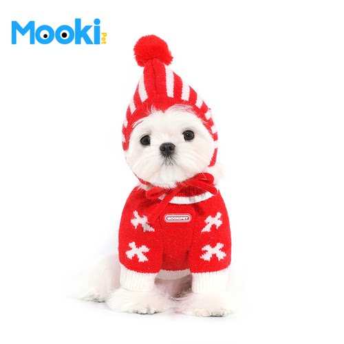 mookipet狗狗猫咪新年饰品雪纳瑞比熊小型犬针织帽围巾套装可爱