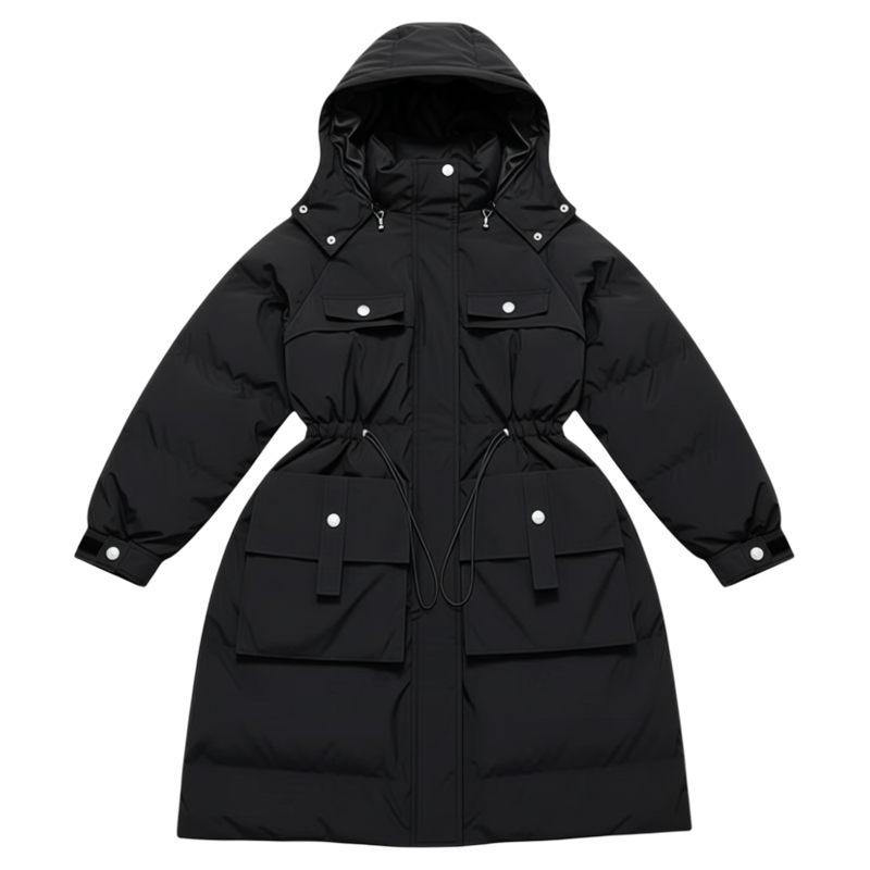 90白鸭绒女工装连帽中长羽绒服