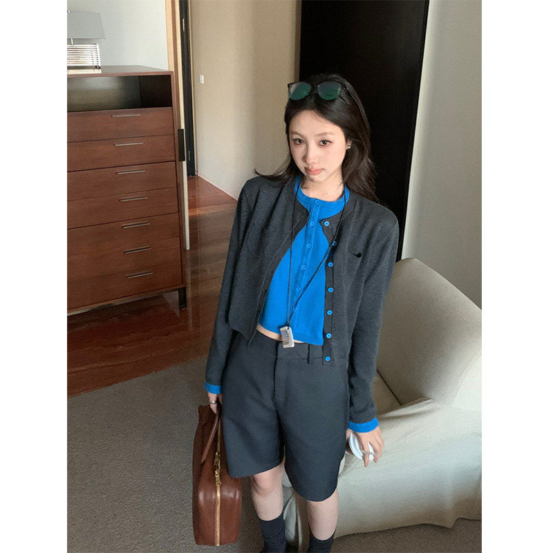 克莱因蓝撞色针织开衫女假两件外套春秋叠穿短毛衣内搭硫酸铜上衣