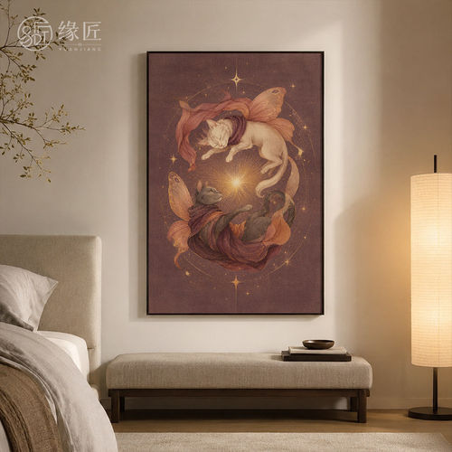 《星猫》现代轻奢风紫调工笔猫咪装饰画茶室卧室清雅竖版挂画