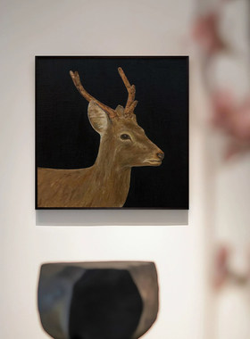 《福鹿》中古风轻奢装饰画黑色背景麋鹿挂画客厅玄关卧室背景墙画