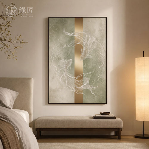 《双鱼》现代轻奢风浅绿底铜条线描鱼装饰画书房走廊温润竖版挂画