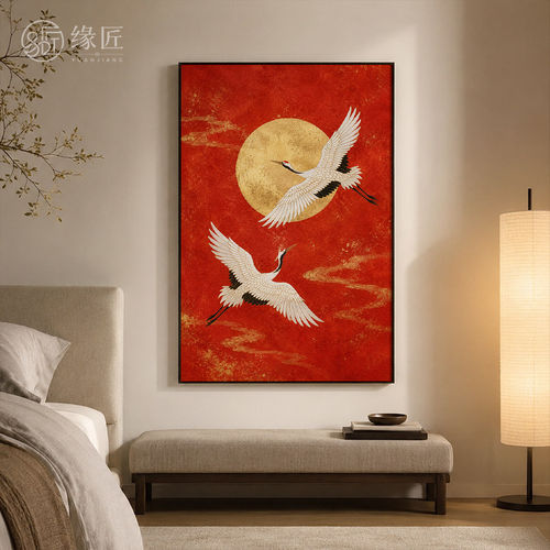 《丹顶》新中式禅意红调工笔仙鹤装饰画卧室走廊静谧竖版挂画