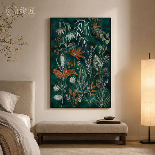 《森野》现代轻奢风绿调工笔植物装饰画茶室卧室清雅竖版挂画