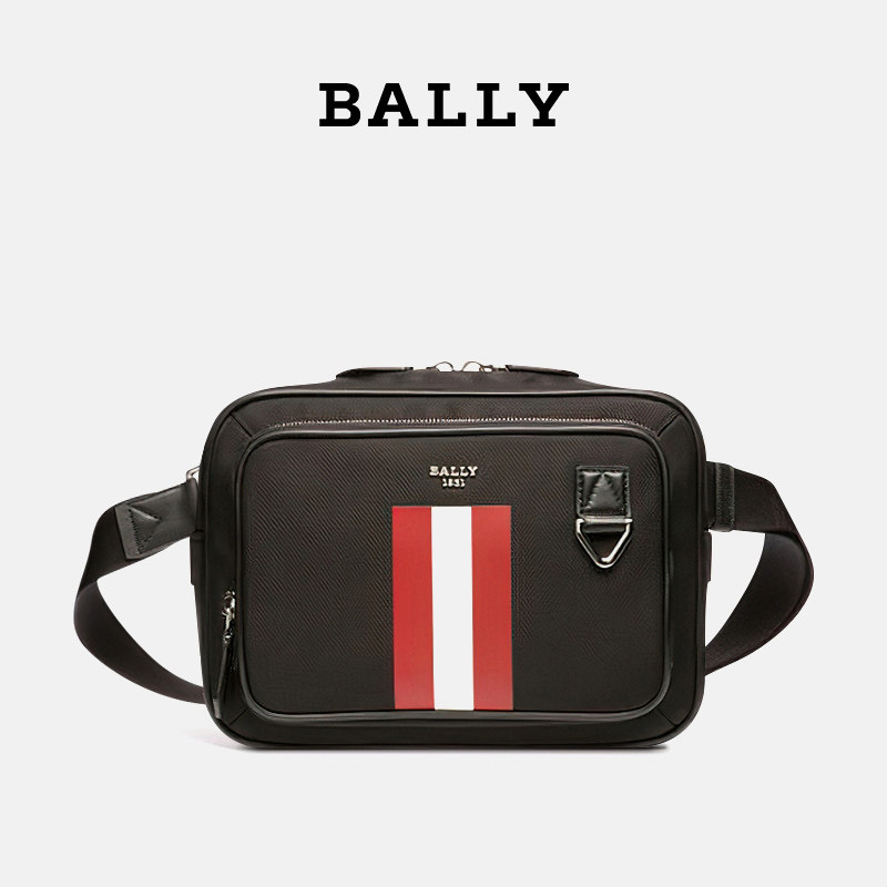 Bally/巴利男士红白条纹皮革黑色拉链休闲单肩斜挎相机包