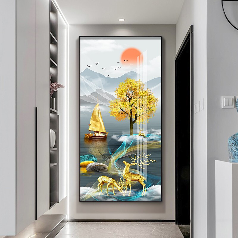 新中式晶瓷画客厅沙发背景墙挂画样板房酒店过道走廊玄关装饰画