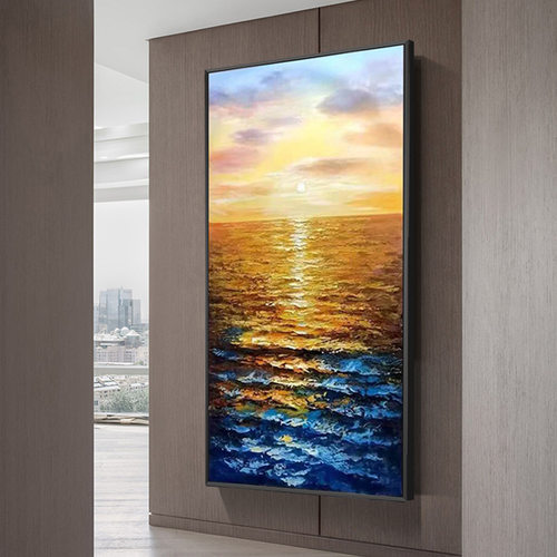 入户玄关装饰画海景走廊挂画现代简约过道墙画手绘油画竖版大气