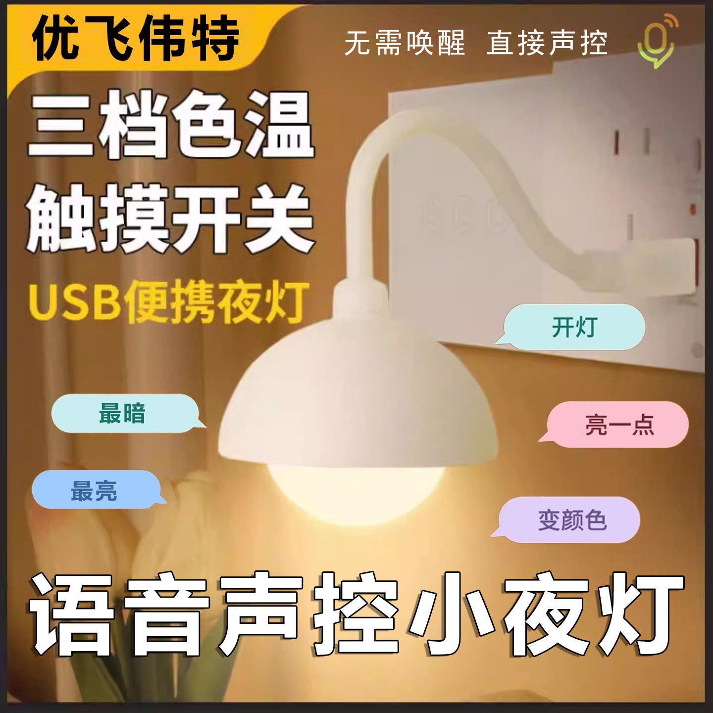 USB插电语音遥控触摸小夜灯图片