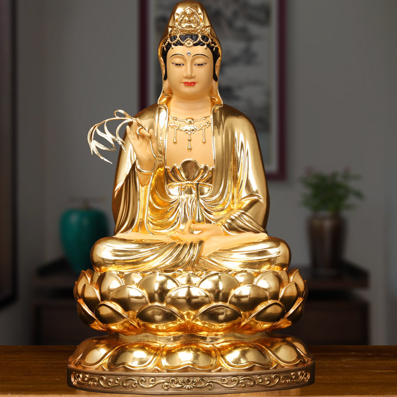 台湾纯铜贴金观音菩萨家用供奉观音佛像南海送子观世音娑婆三圣