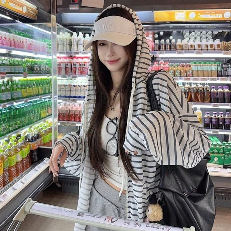 韩系慵懒风条纹长袖连帽外套女夏季宽松拉链薄款防晒开衫休闲上衣