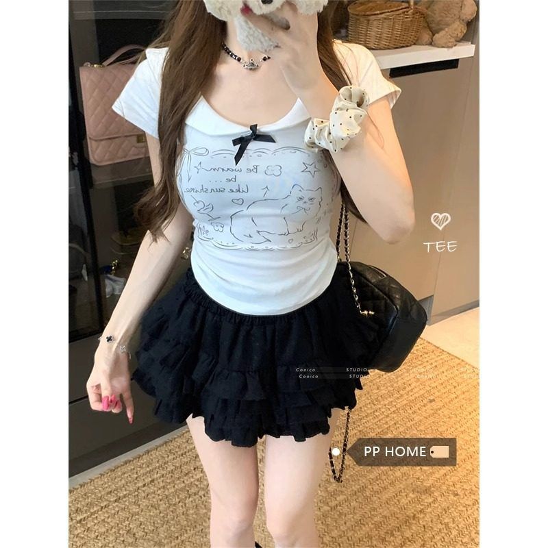 白色小猫印花娃娃领短袖T恤女夏季蝴蝶结修身设计感甜美显瘦上衣