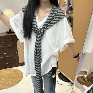 t恤衫 2025夏季 上衣女百搭休闲披肩拼接短袖 新款 v领慵懒风宽松韩版