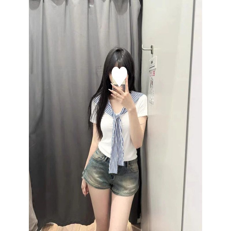 白色海军领正肩短袖T恤女夏季2025新款假两件披肩设计感小众上衣