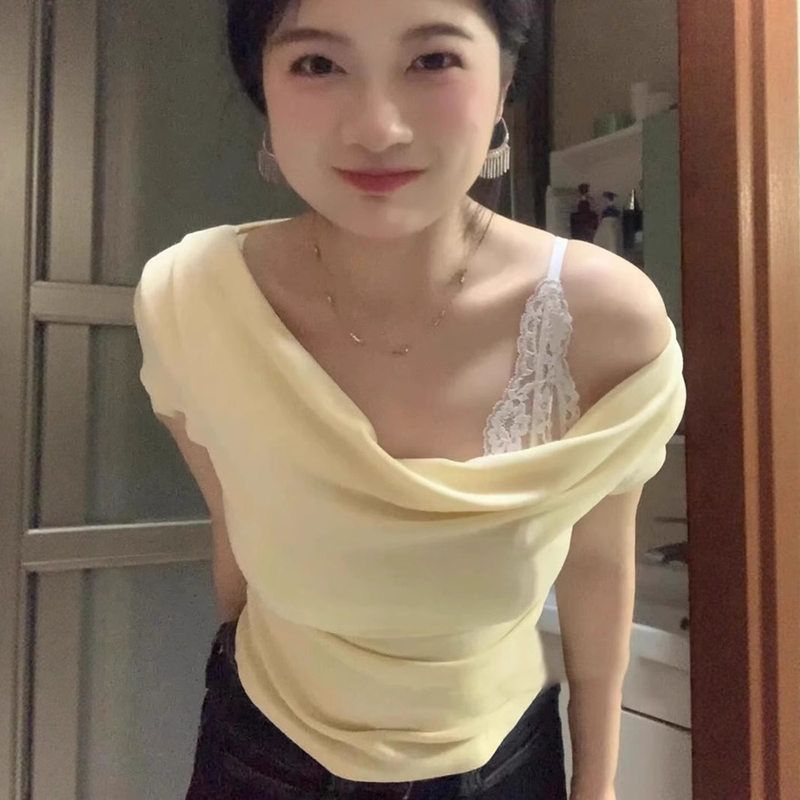 韩系辣妹蕾丝花边拼接斜肩短袖t恤女夏2025新款显瘦百搭短款上衣