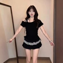 假两件韩系辣妹斜肩短袖T恤女夏季修身格子花边拼接吊带露肩上衣