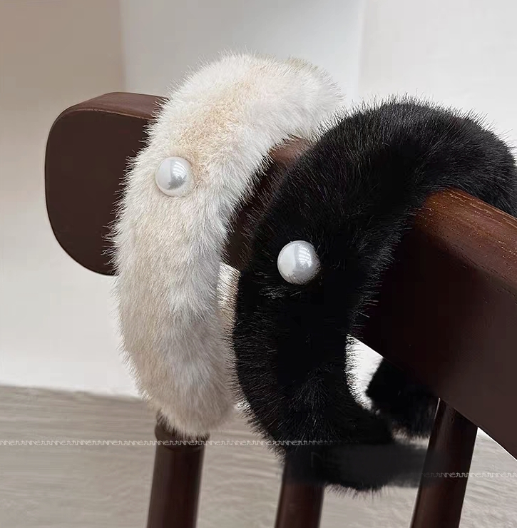 毛毛加厚仿水貂毛绒侧边珍珠发箍女秋冬新款高级感高颅顶宽边发卡