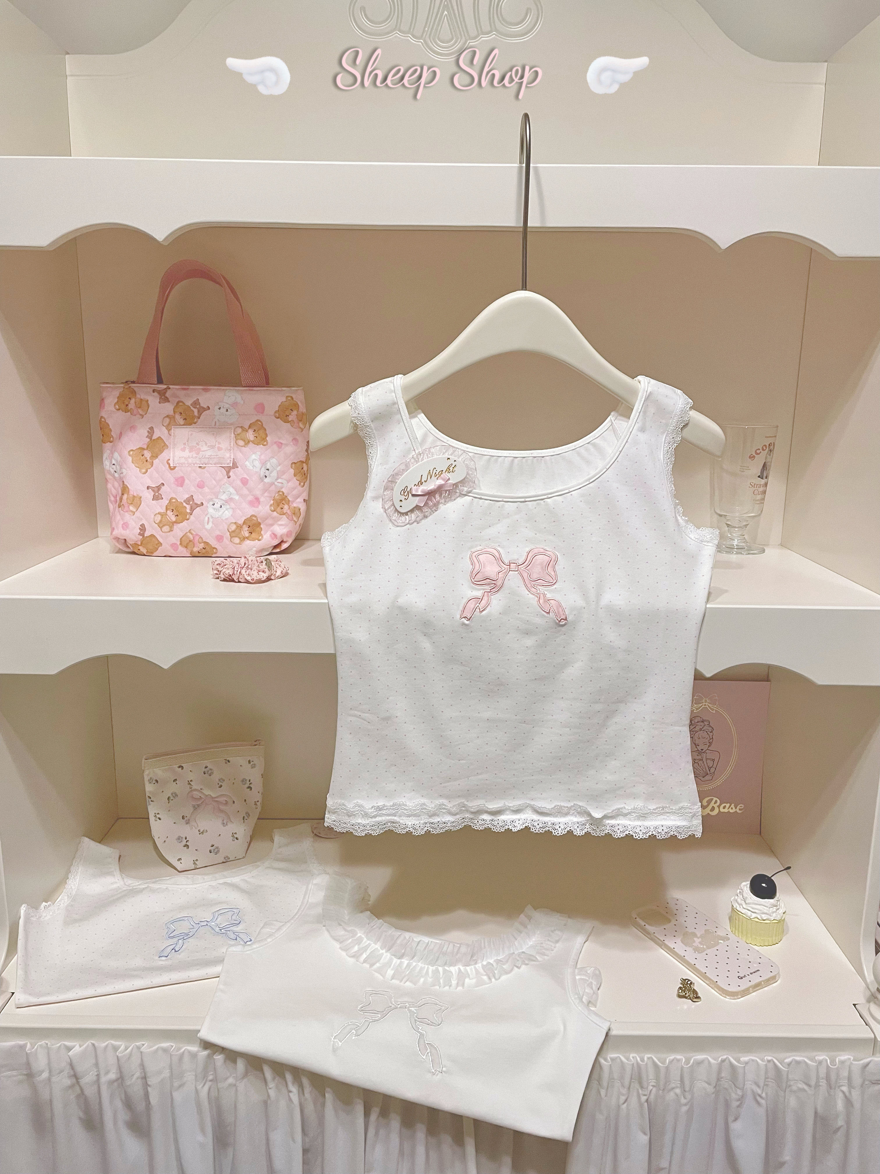 夏日百搭纯棉背心！小波点蝴蝶结日系上衣蕾丝边吊带舒适绵羊商店