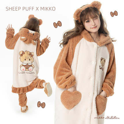 mikko正版联名可爱小熊长袖秋冬珊瑚绒连帽保暖家居服睡衣睡袍女