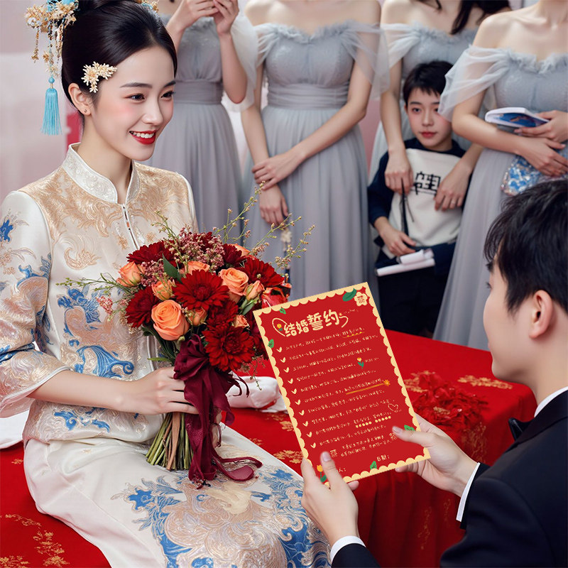 结婚接亲保证书卡通可爱拍照道具接亲游戏道具卡片新郎宣誓誓言书