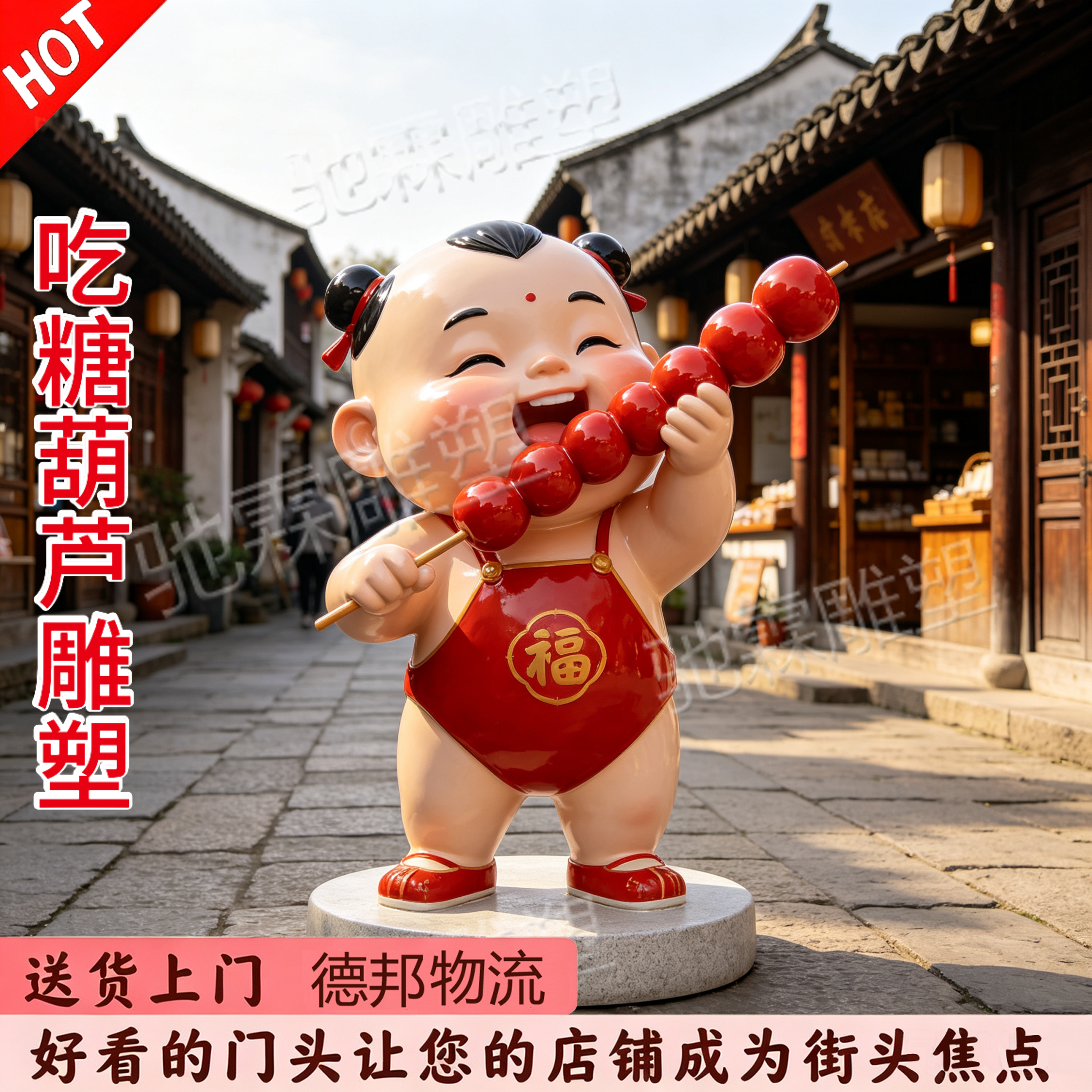 玻璃钢卡通福娃吃冰糖葫芦雕塑定制古镇景区民俗小品美陈引流摆件