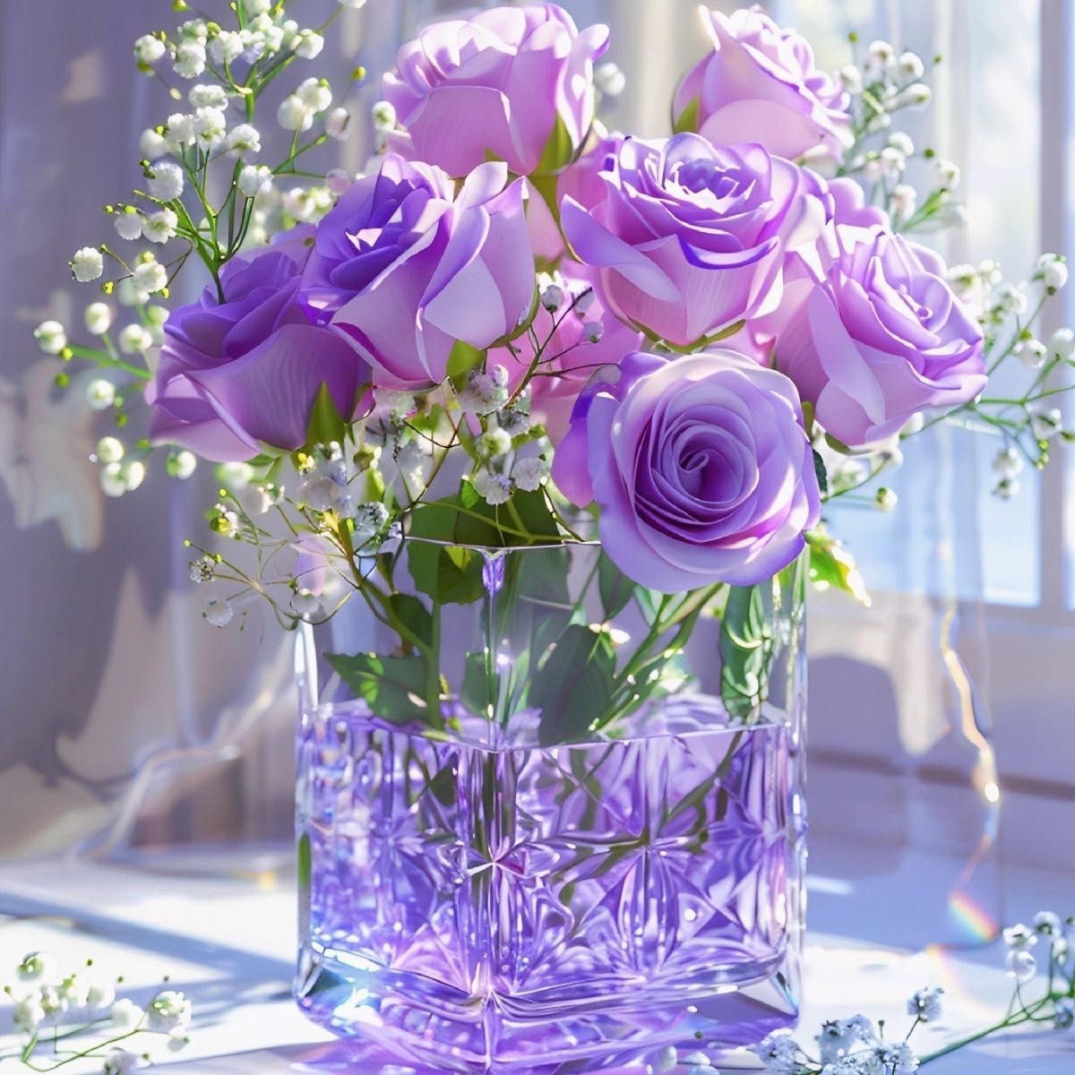 防水贴纸立体紫色玫瑰水养玻璃透明花瓶轻奢鲜花创意客厅冰箱自贴