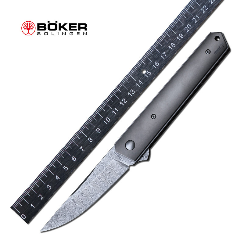 德国博克boker高硬度瑞粉大马士革钢折刀钛柄便携水果刀防卫小刀