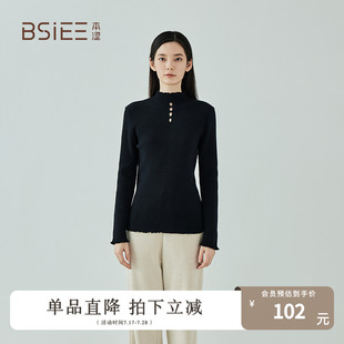 女秋冬薄弹性针织衫 BSiEE本涩小洞花边领毛衣气质减龄打底衫
