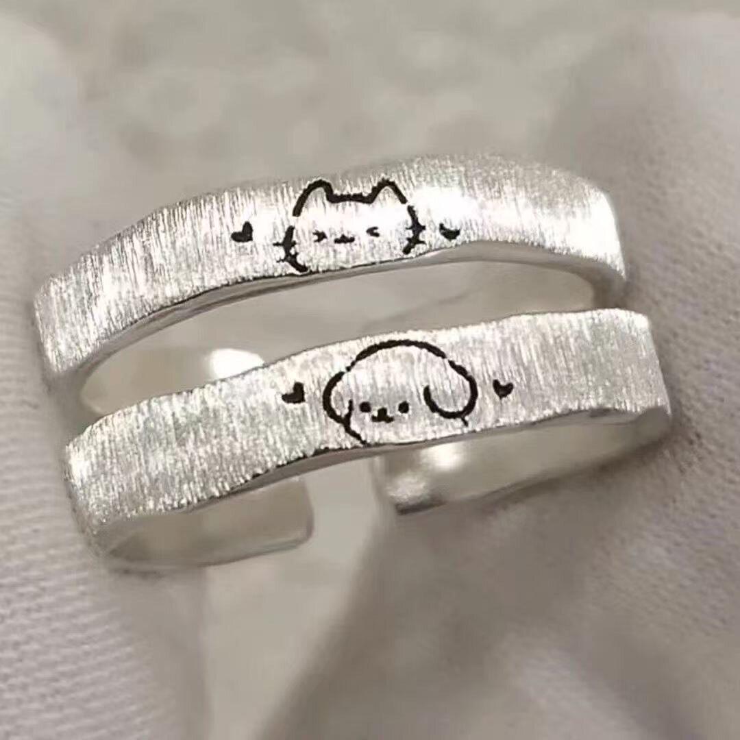 J640可爱猫咪小狗对戒拉丝素圈开口戒指情侣纪念日礼物小众设计感