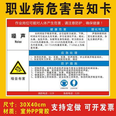 噪音噪声职业病危害告知卡安全风险生产周知卡提示标志标识职业病危害告知牌警示牌全套牌子贴纸定制