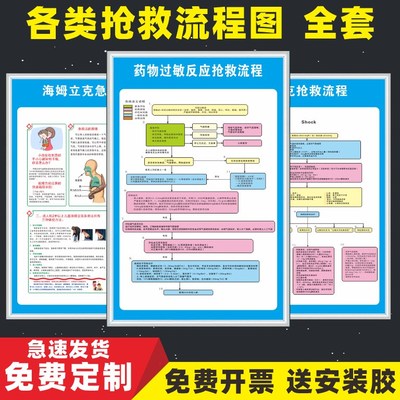 医院诊所门诊急救应急抢救流程图科室挂图步骤心肺复苏药物过敏性反应休克医疗处置危重病人窒息中毒输液上墙