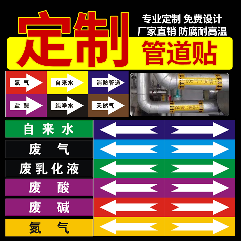 管道标识贴纸定制流向箭头介质消防工业空气天然气自来水管路流向箭头标签反光标识贴不干胶反光膜剪头警示牌