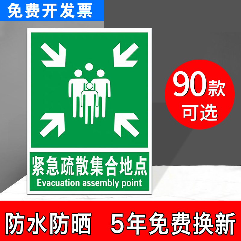 告紧急指示场所说明疏散应急标识语公告避难标牌标志防水提方向PVC应急图牌安全警示通路提示集合点保持铝板