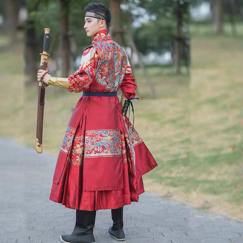 出租明制红色正品飞鱼服男款两件套中式汉服婚礼新郎接亲敬酒礼服图片