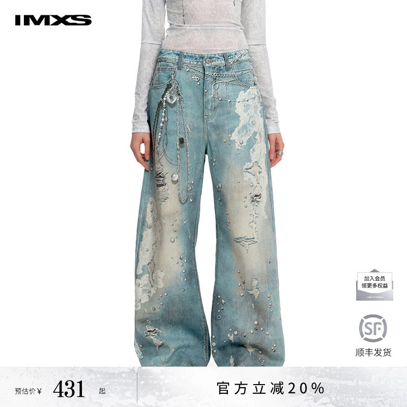 IMXS蕾丝印花牛仔裤复古微喇图片