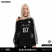 潮牌休闲宽松上衣女2025年春季 IMXS蕾丝斜肩球衣运动风长袖 t美式