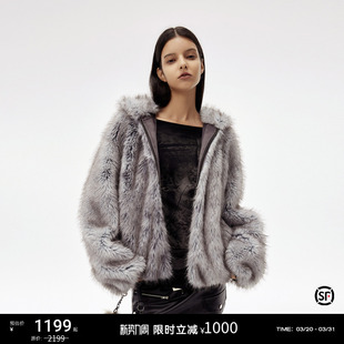 毛绒绒慵懒风外套冬季 IMXS连帽渐变毛绒夹克女 复古加厚宽松短款