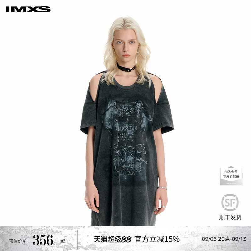 IMXS露肩洗水宽松连衣裙印花H型长款遮肉短袖2026年夏季图片