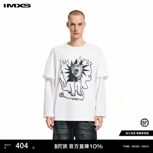 IMXS猫咪趣味涂鸦假两件拼接长恤落肩圆领长袖 上衣秋冬25年新款