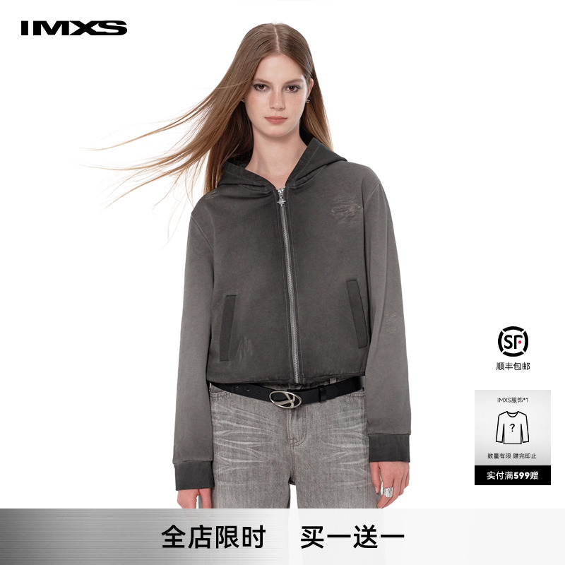 IMXS美式复古做旧渐变连帽卫衣外套休闲运动修身短款拉链开衫夹克
