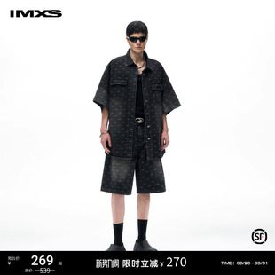 情侣上衣潮男女 复古宽松针织翻领夏季 IMXS提花做旧牛仔衬衫 套装