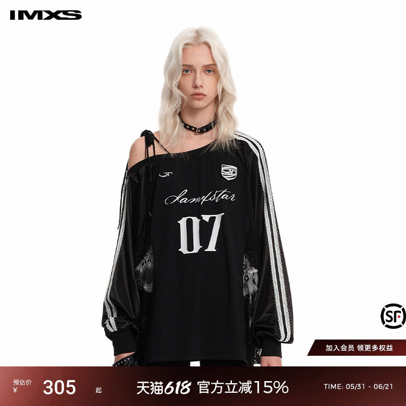 IMXS蕾丝斜肩球衣运动风长袖t美式潮牌休闲宽松上衣女2025年春季