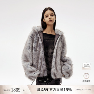IMXS连帽渐变毛绒夹克女 复古加厚宽松短款毛绒绒慵懒风外套冬季