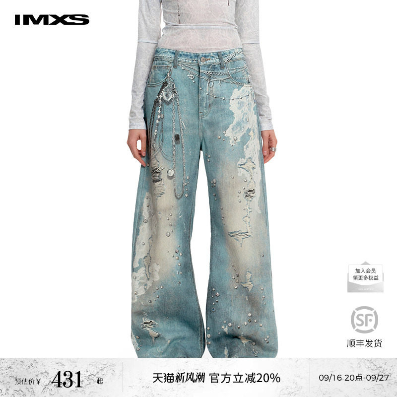 IMXS蕾丝印花牛仔裤复古微喇图片