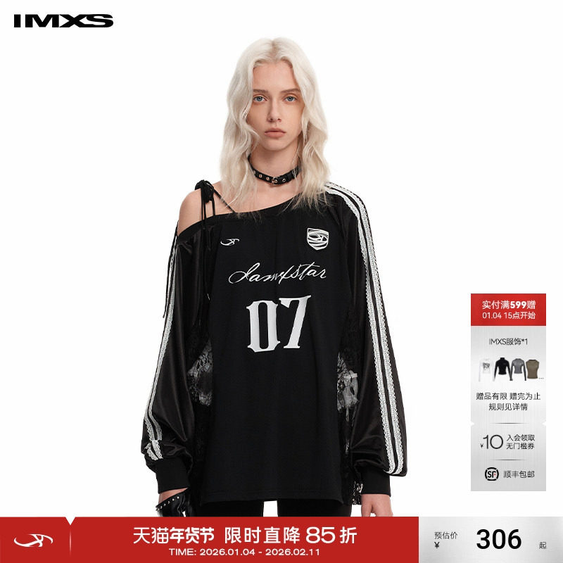 IMXS蕾丝斜肩球衣运动风长袖t美式潮牌休闲宽松上衣女2025年春季,女装/女士精品,T恤,淘宝优惠券,粉丝福利购,淘宝优惠卷