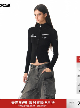 IMXS机车绣花开衫毛衣黑色双开拉链刺绣修身复古上衣针织衫外套女