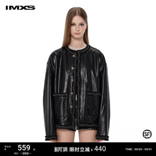 IMXS中性小香风外套黑色圆领宽松pu皮短款 上衣外套